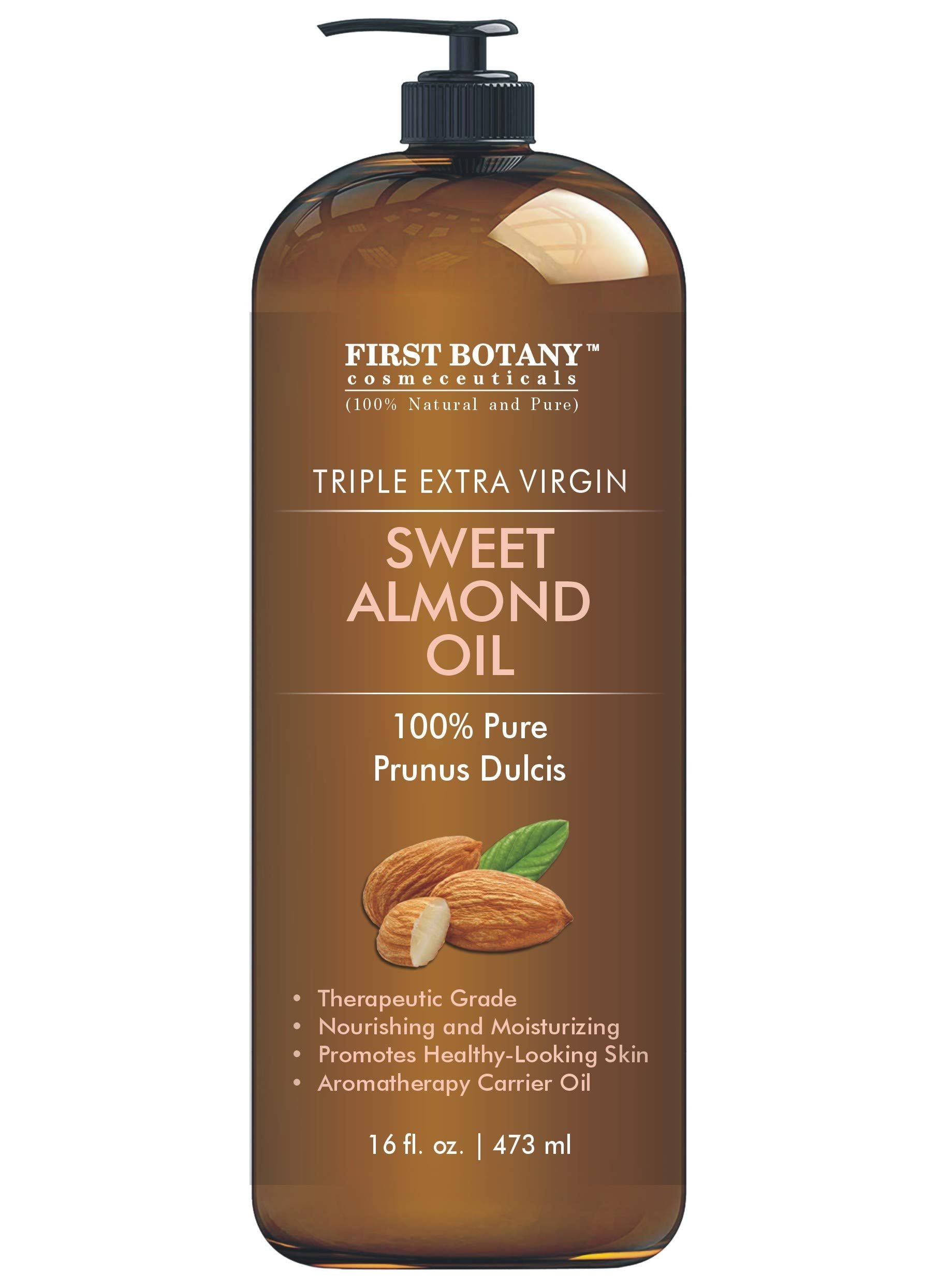 First Botany Almond Oil bottle with pump for convenient daily use on hair, skin, and face.