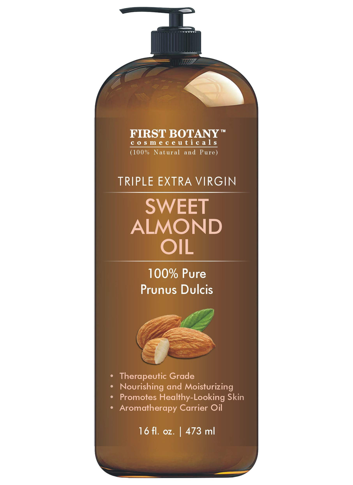 First Botany Almond Oil bottle with pump for convenient daily use on hair, skin, and face.