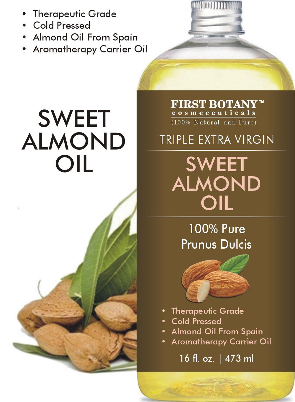 First Botany Almond Oil for hair care nourishes and adds shine.