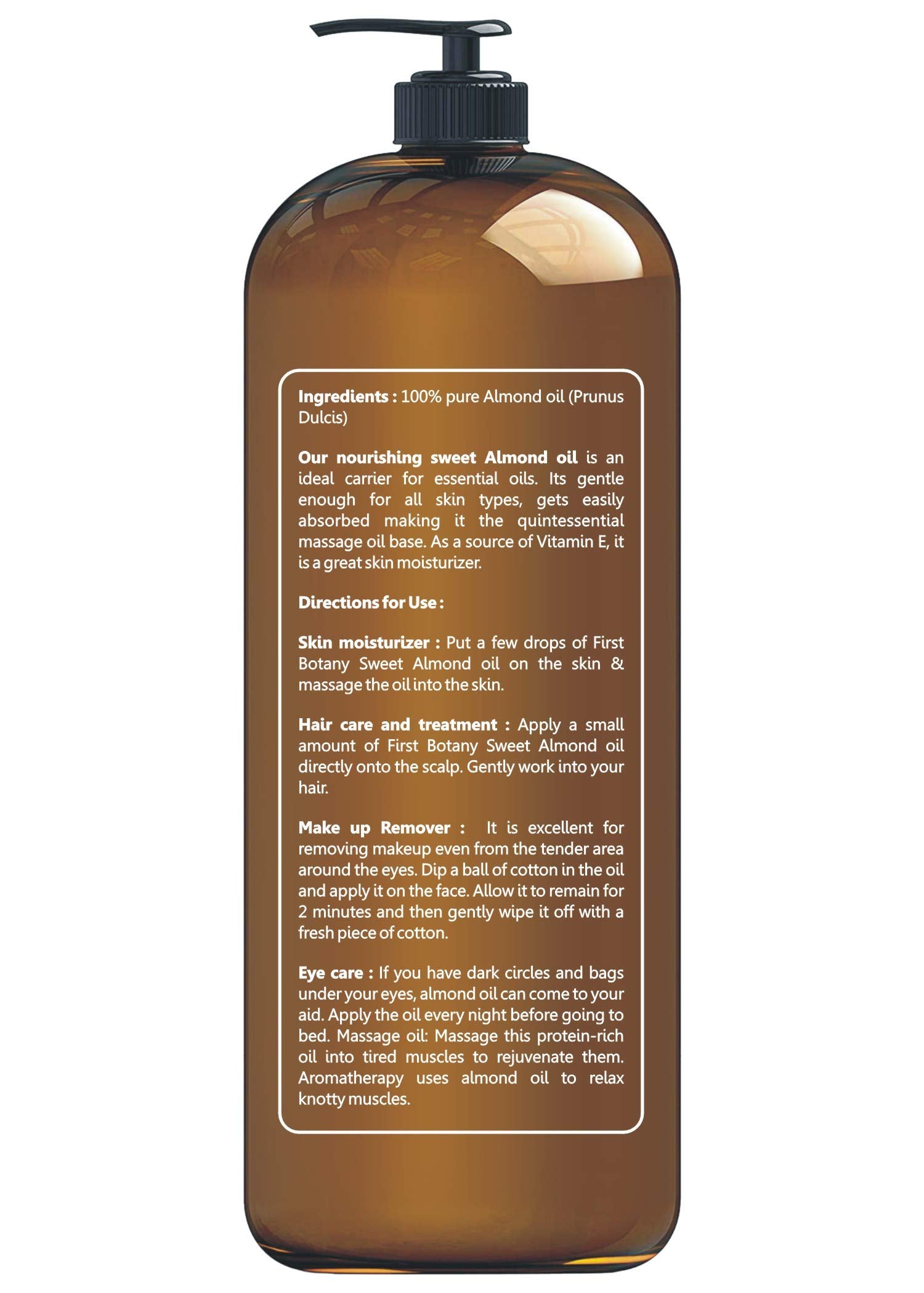 First Botany Almond Oil label closeup showing vitamin-rich formula for skin.