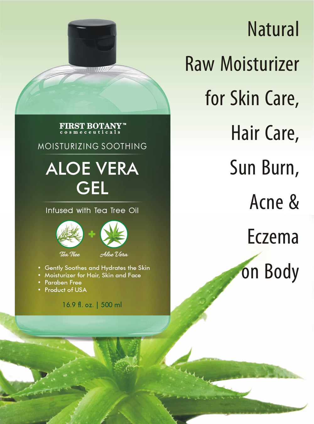 First Botany Aloe Gel label highlights USA-grown formula and cruelty-free commitment