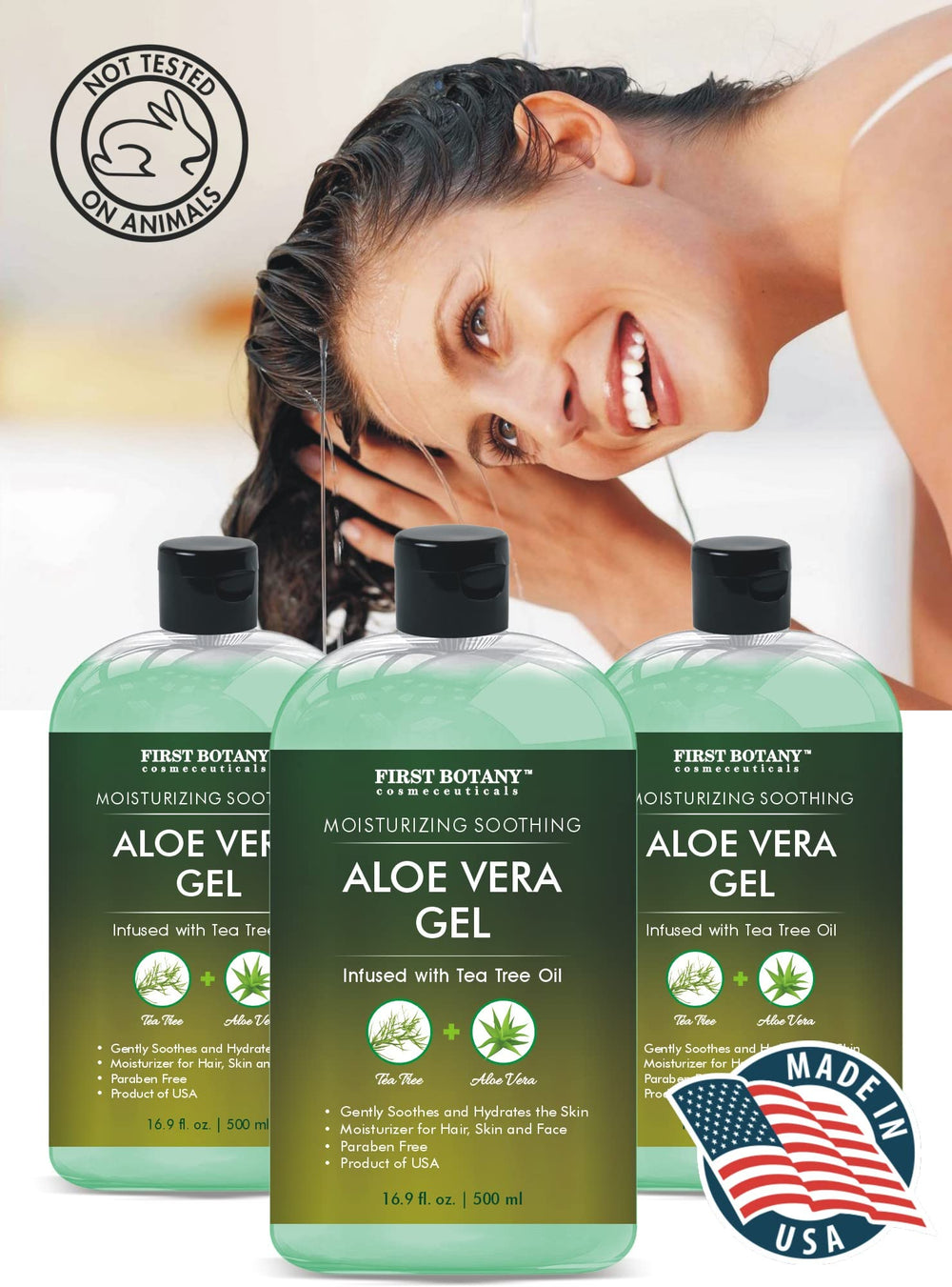 First Botany Aloe Gel with tea tree oil detail emphasizes refreshing, antimicrobial-inspired care