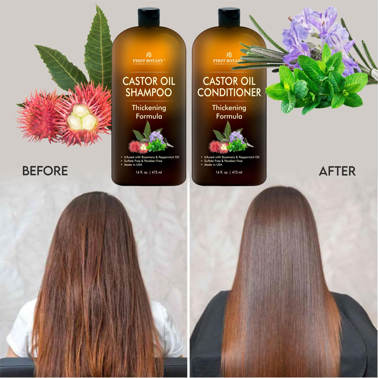 First Botany castor oil conditioner tube showing deep hydration with rosemary and peppermint.