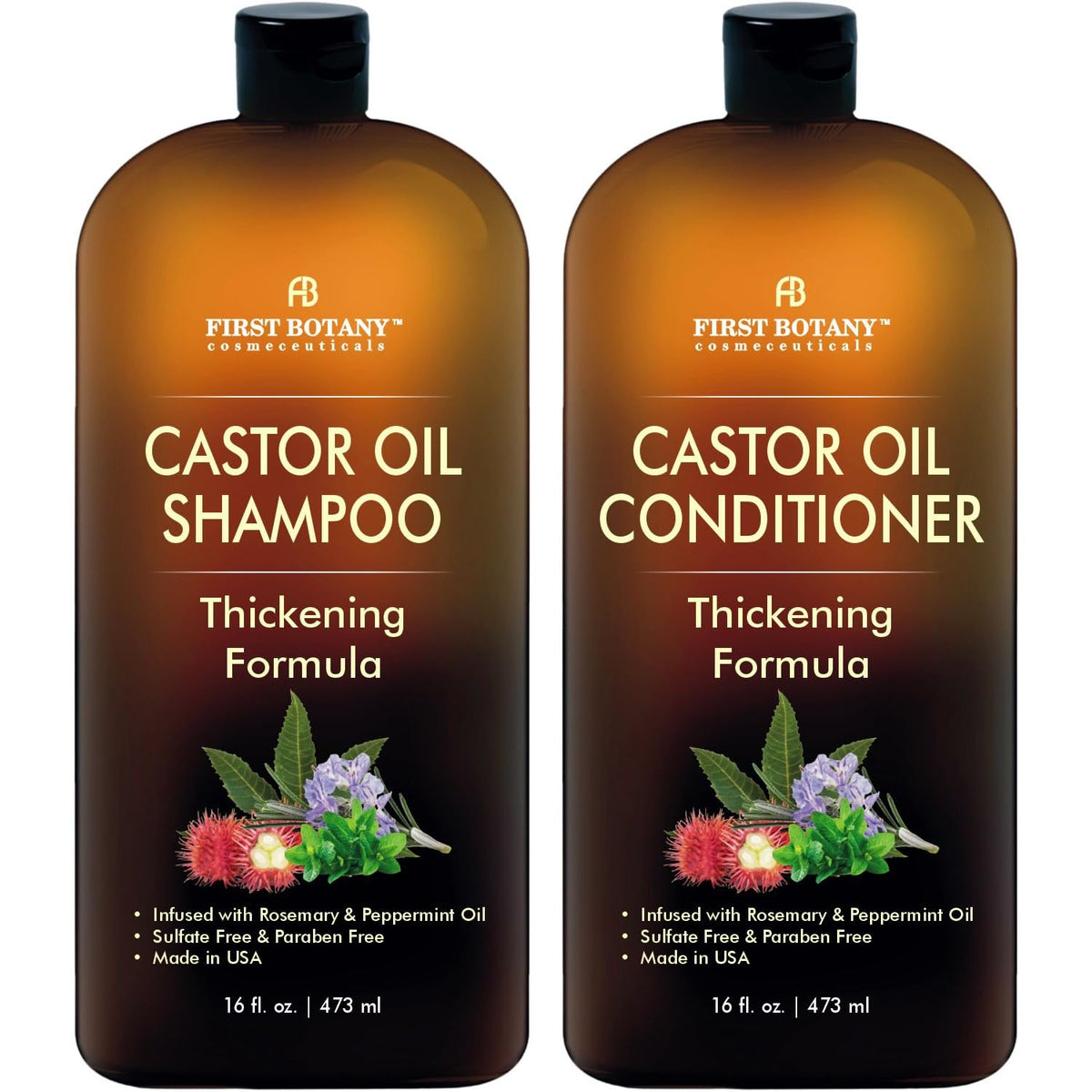 First Botany castor oil shampoo bottle highlighting a sulfate-free formula for fuller, stronger hair.