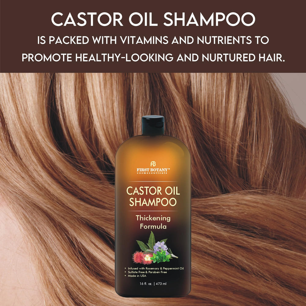 First Botany Castor Oil Shampoo royal packaging signals premium USA-made quality and cruelty-free ethics