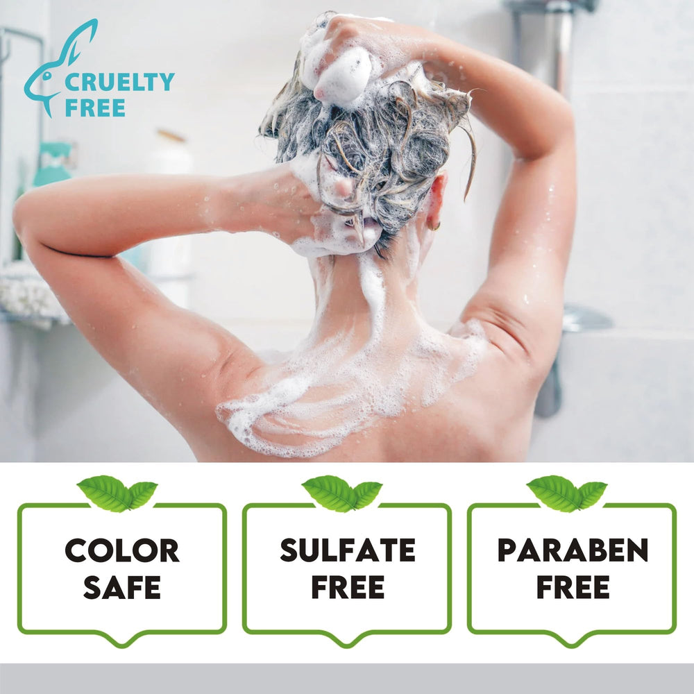 First Botany Castor Oil Shampoo setup shows in use routine for daily hydration and scalp care