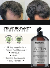 First Botany Cosmeceuticals label closeup noting DHT blockers and natural extracts