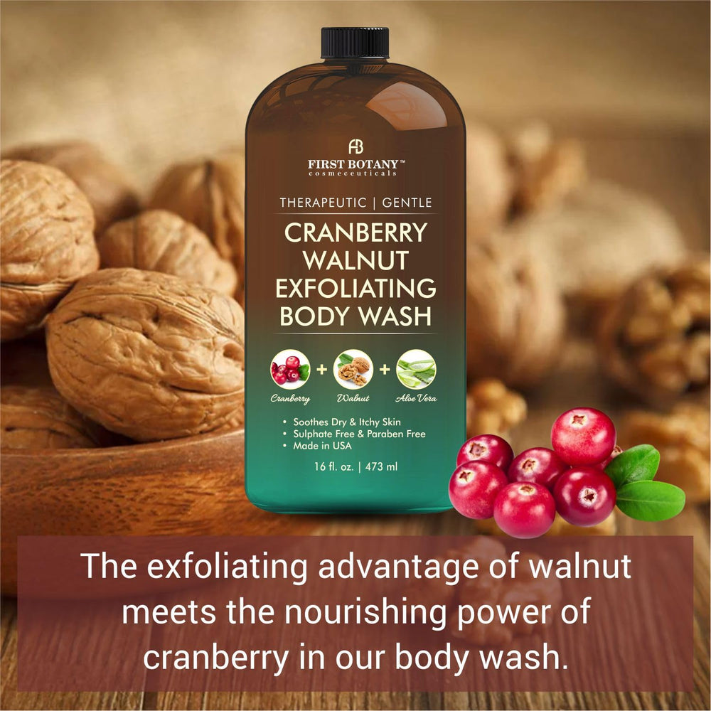 First Botany Cranberry Walnut shower application demonstrates easy daily cleansing for all skin types