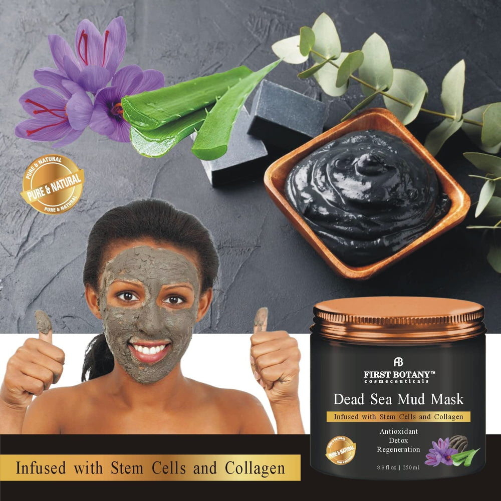 Label detail highlights detoxifying minerals in First Botany mud mask.