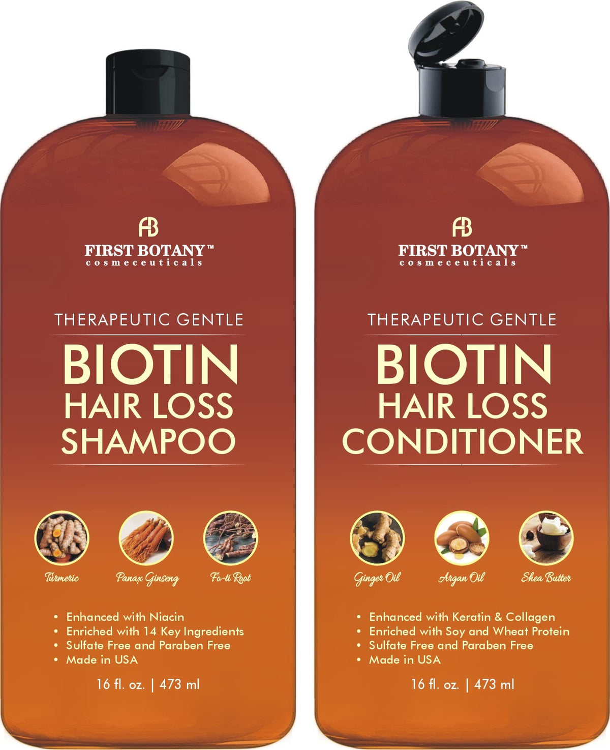 First Botany Hair Growth Shampoo Bottle displaying a sulfate-free formula for all hair types.