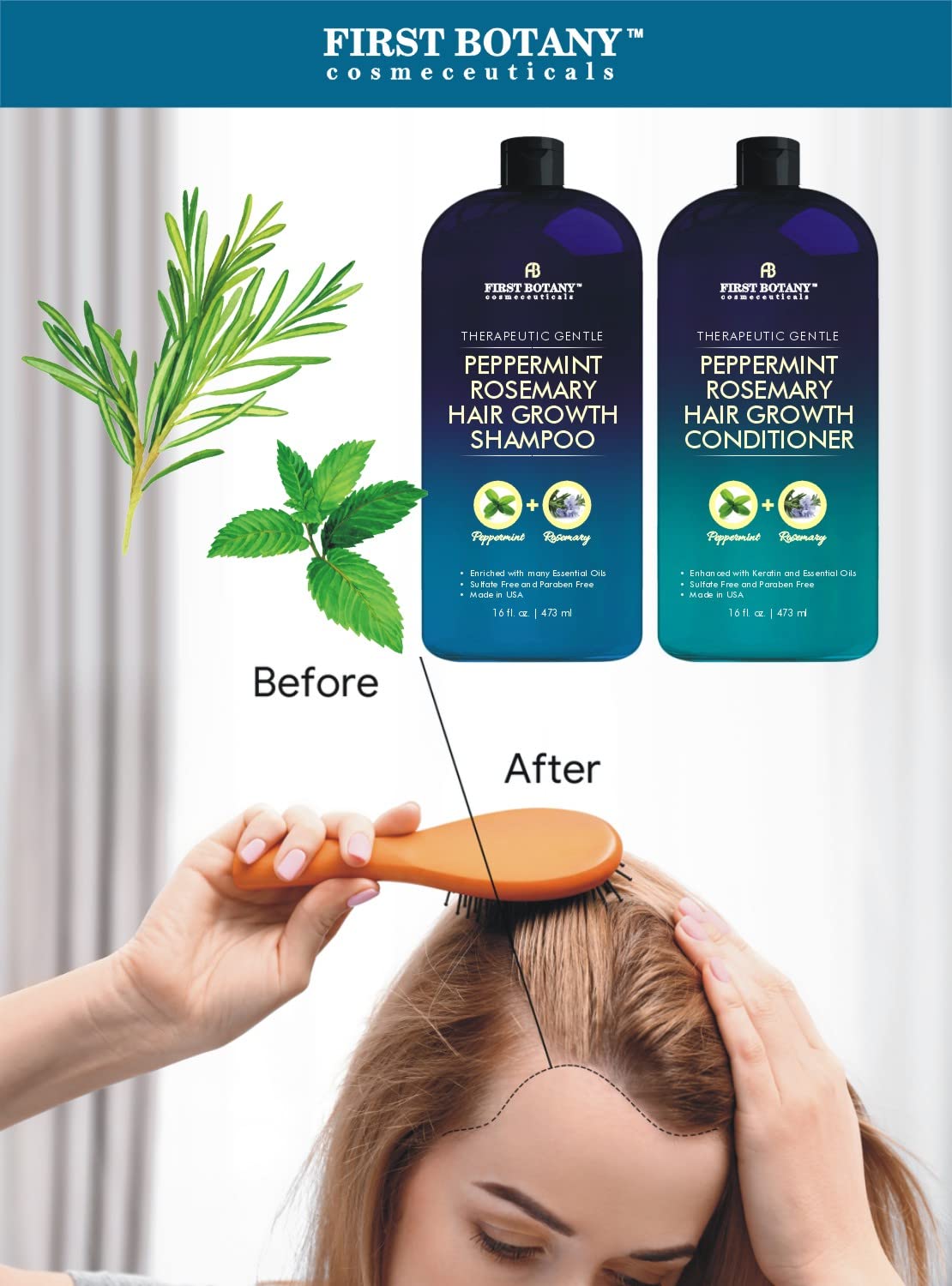 First Botany peppermint rosemary conditioner bottle delivering hydrating shine for all hair types.