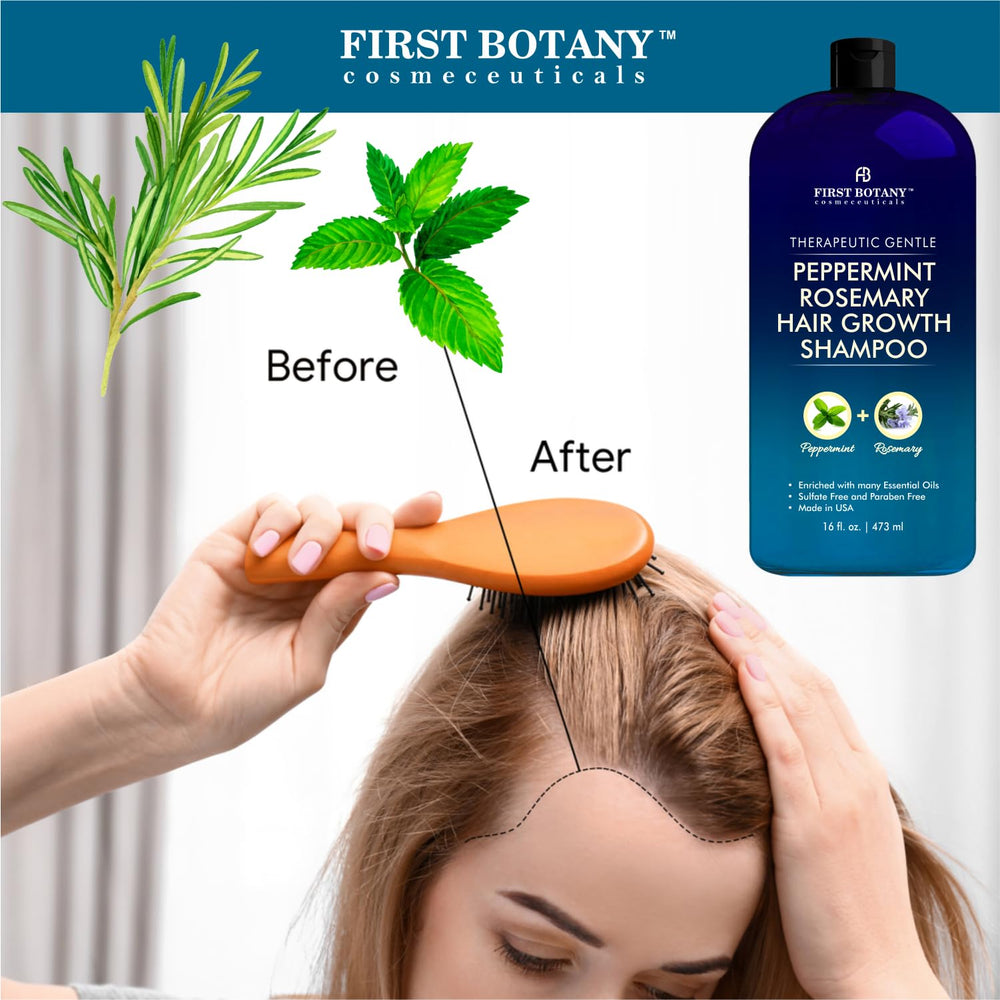 First Botany Peppermint Rosemary shampoo detox purifying formula cleanses scalp buildup.