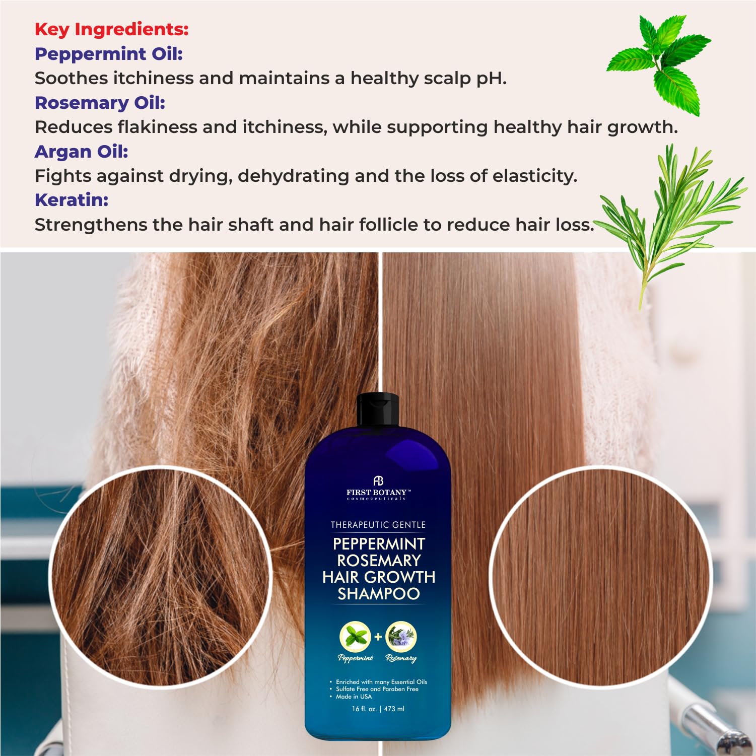 First Botany Peppermint Rosemary shampoo packaging highlights clean, paraben-free formula.
