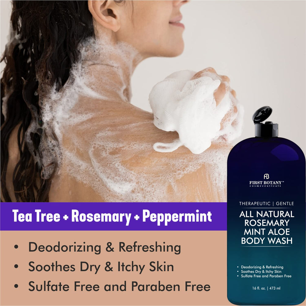 First Botany Rosemary Mint tea tree oil drop highlights natural cleansing.