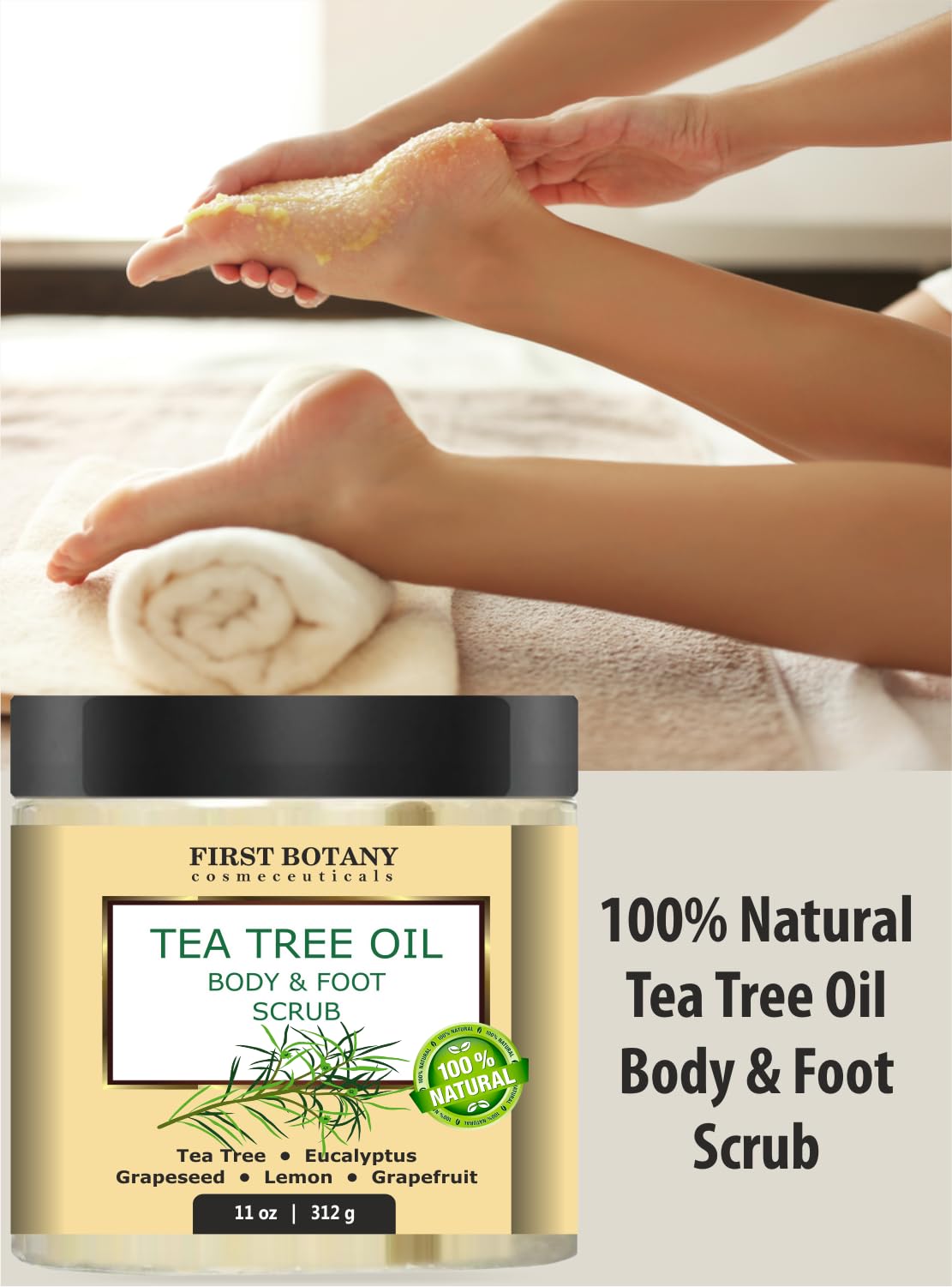 First Botany salt crystals and tea tree oil in scrub.