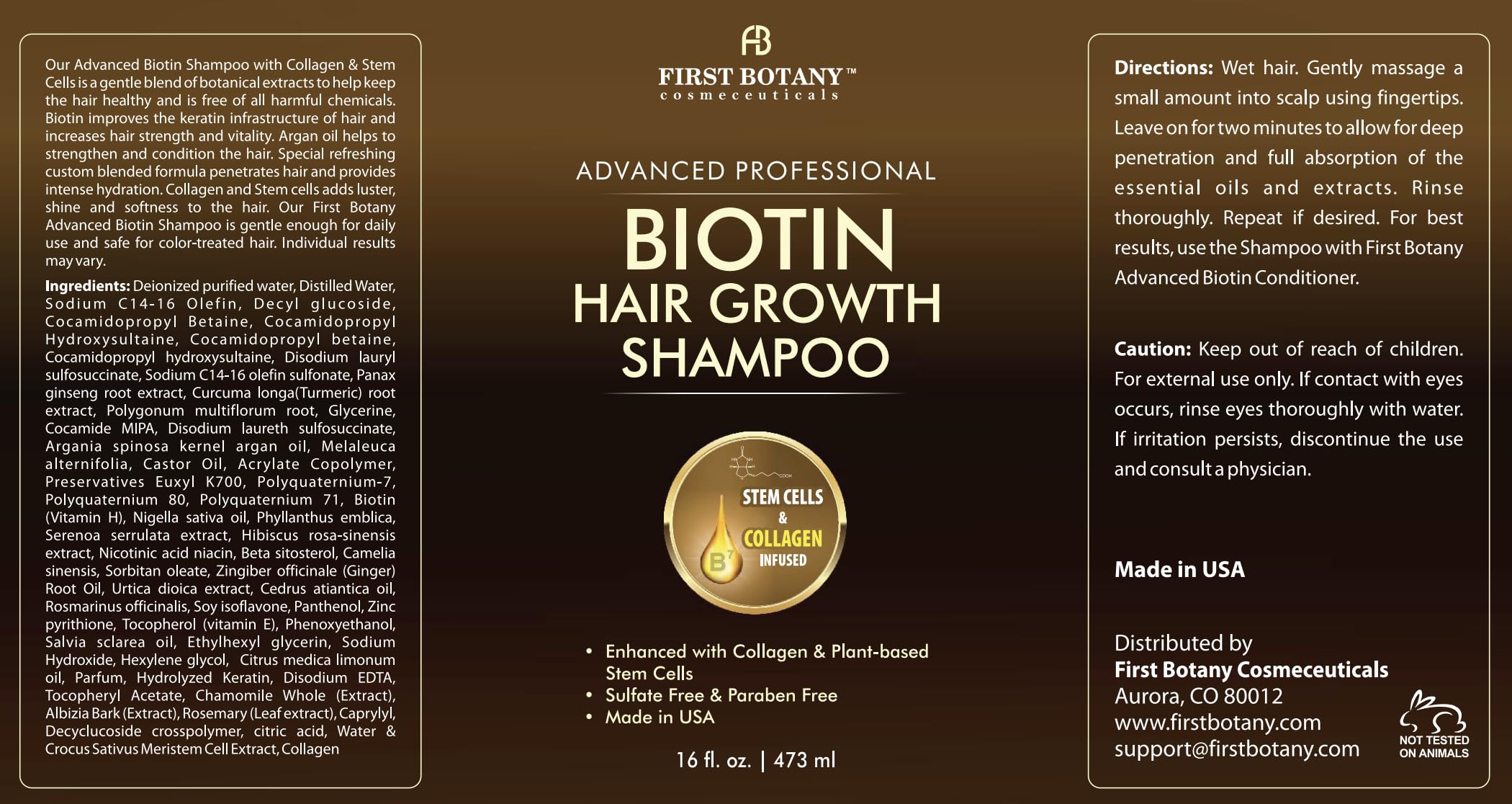 First Botany Shampoo label close-up emphasizing sulfate-free and color-safe formula.