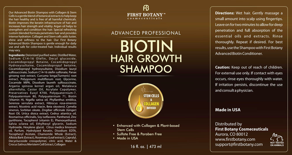 First Botany Shampoo label close-up emphasizing sulfate-free and color-safe formula.