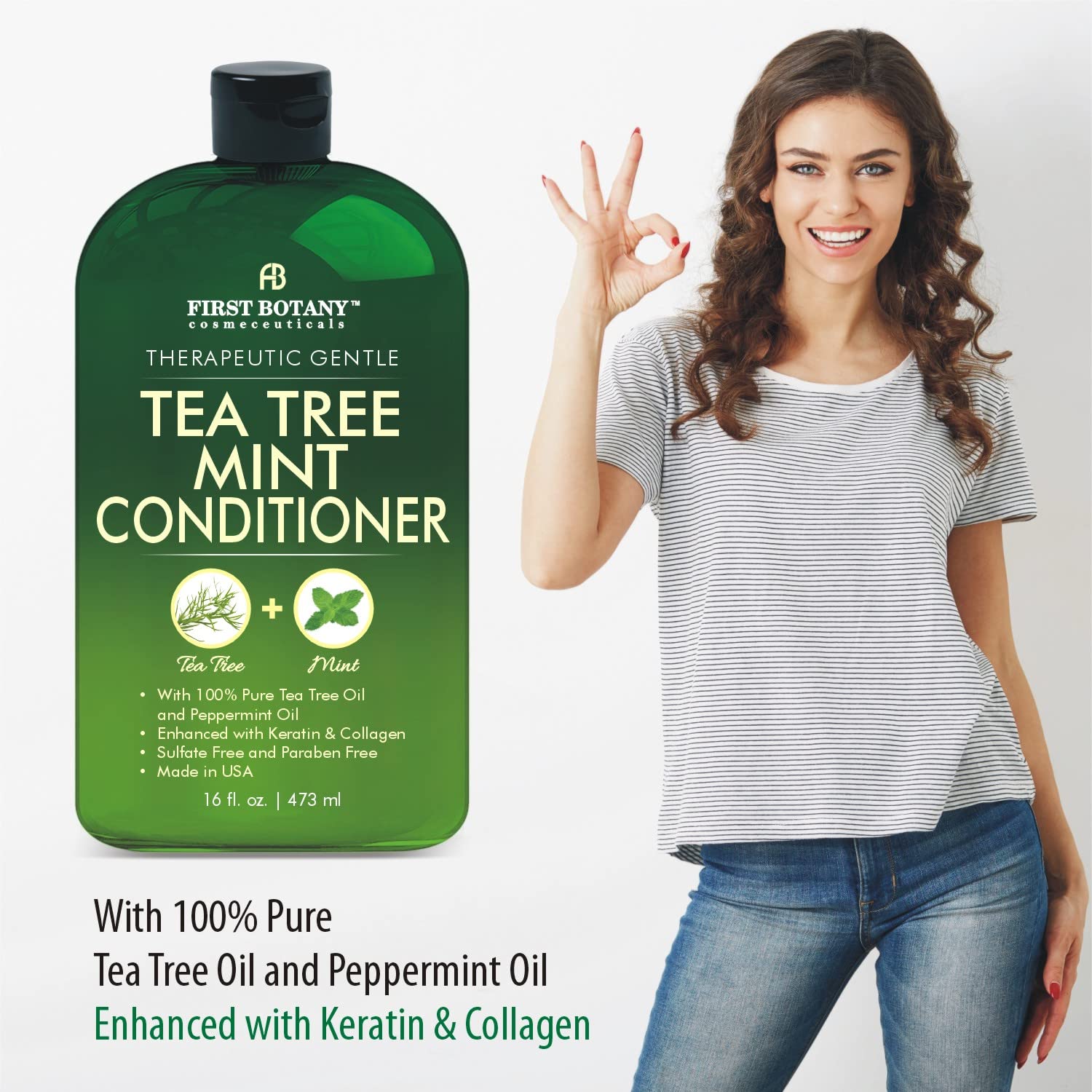 First Botany Tea Tree Mint ingredients icons showcase argan oil and keratin.