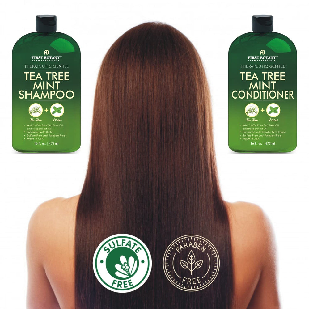 First Botany Tea Tree Mint Shampoo pump bottle reveals cooling scalp tingling sensation.