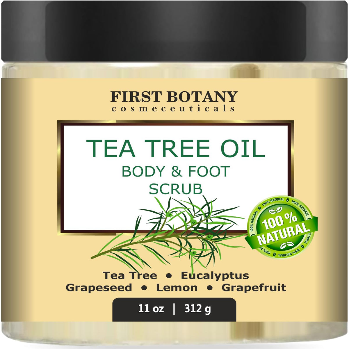 First Botany tea tree scrub bottle with salt for exfoliation and odor control.