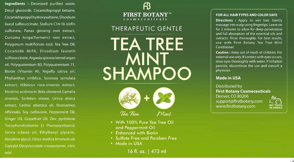 First Botany Tea Tree Oil Shampoo bottle pour demonstrates easy application.