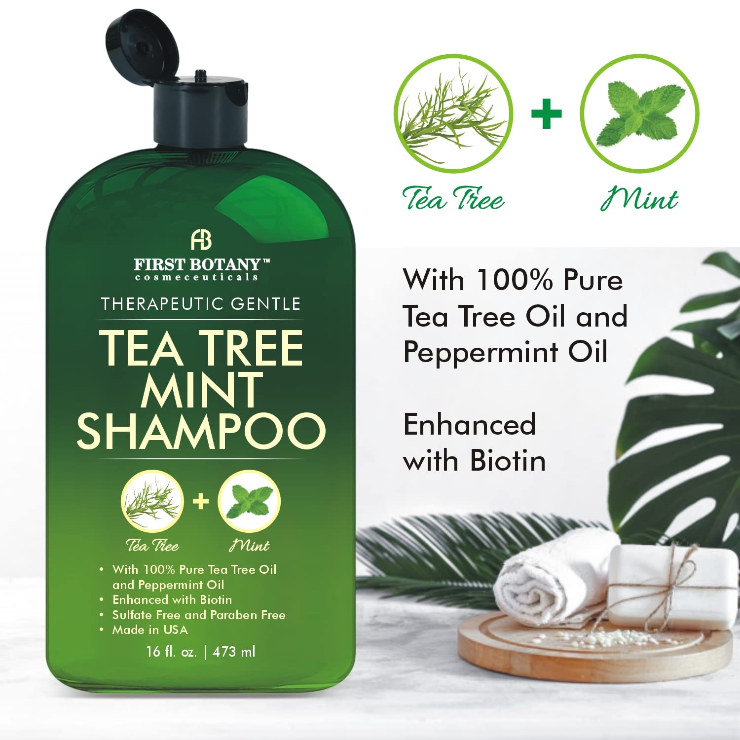 First Botany Tea Tree Oil Shampoo bottle label shows USA-made, cruelty-free.