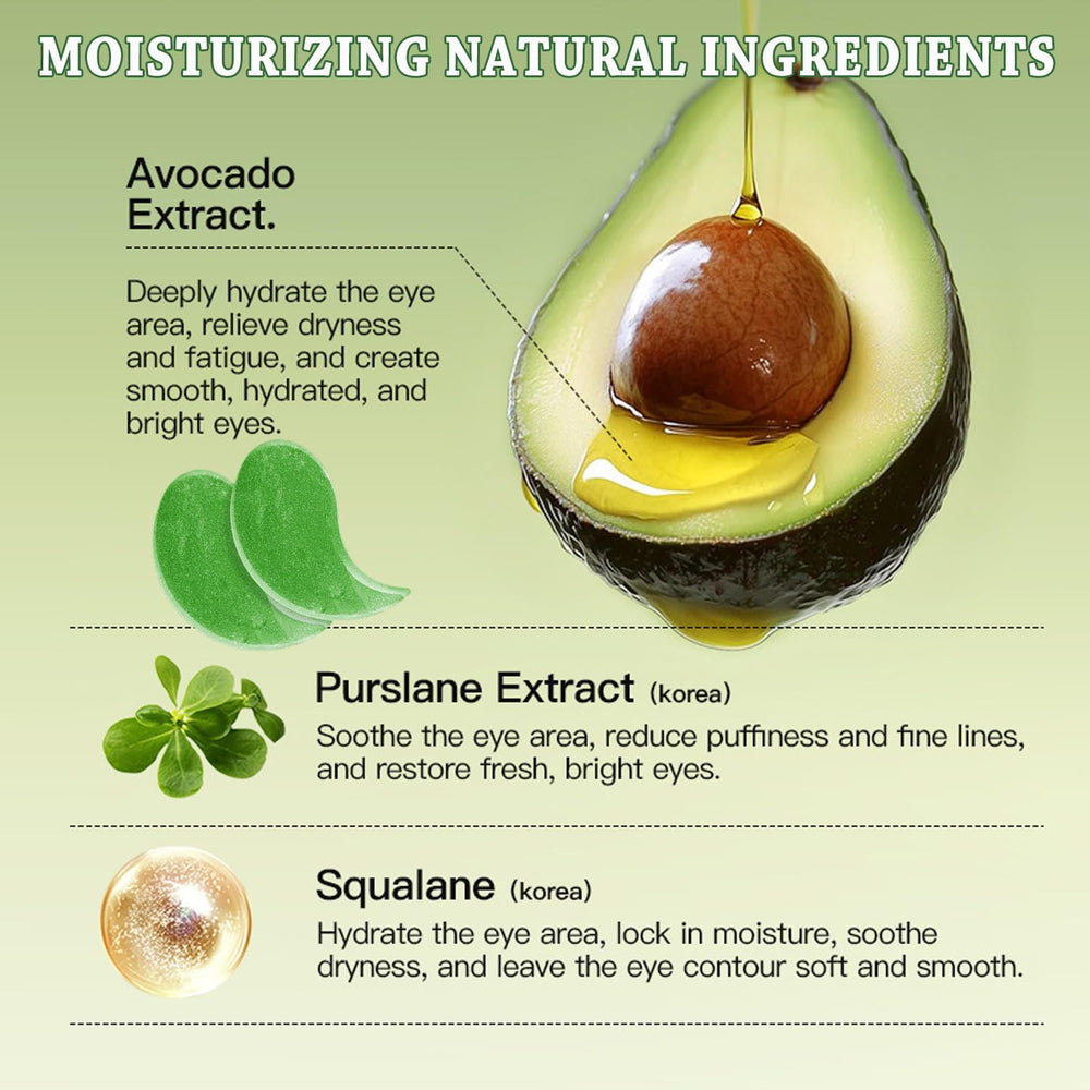 Firstfly avocado eye mask close-up reveals avocado extract for hydration.