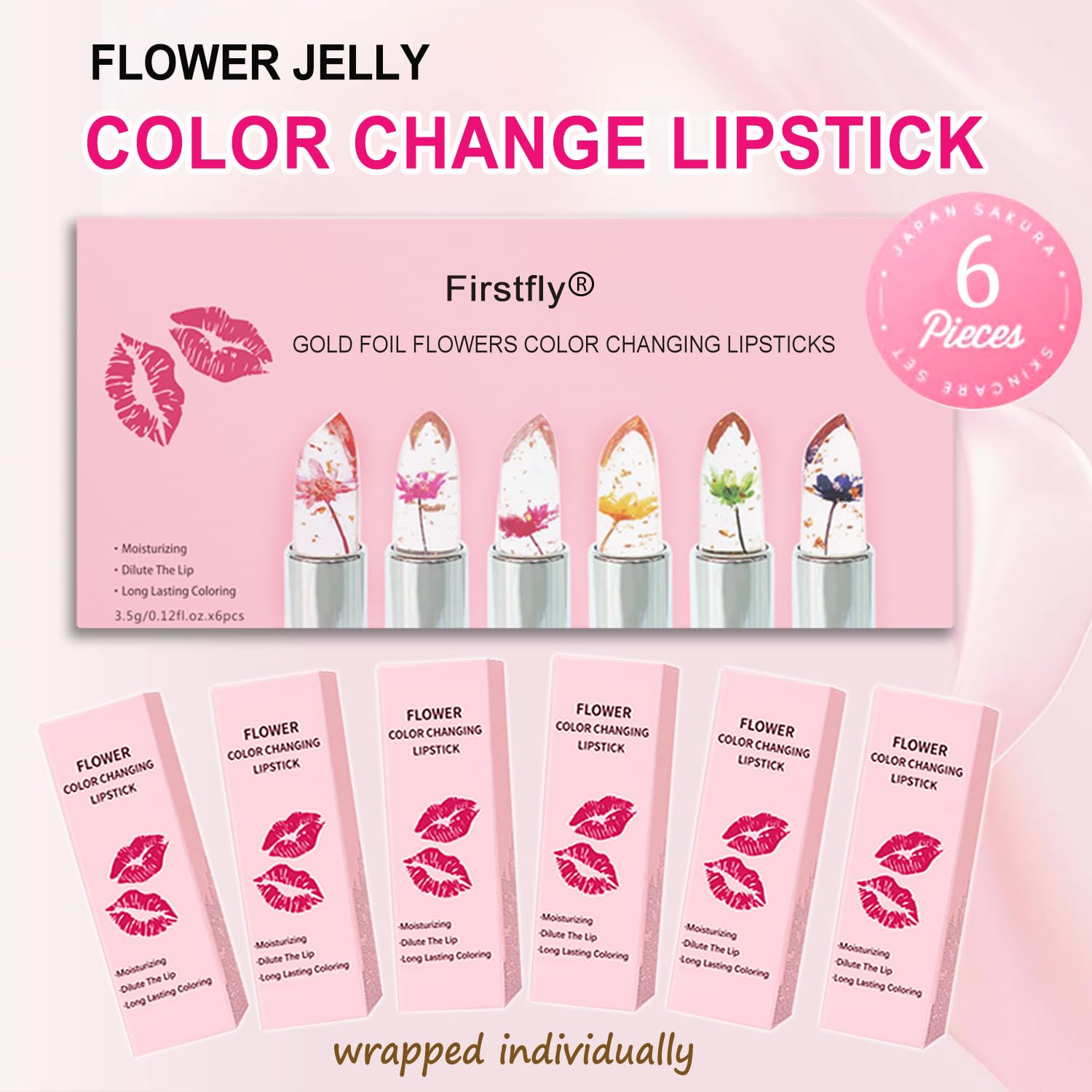 Firstfly jelly lipstick swatches on lips show temperature-responsive tint shifts.
