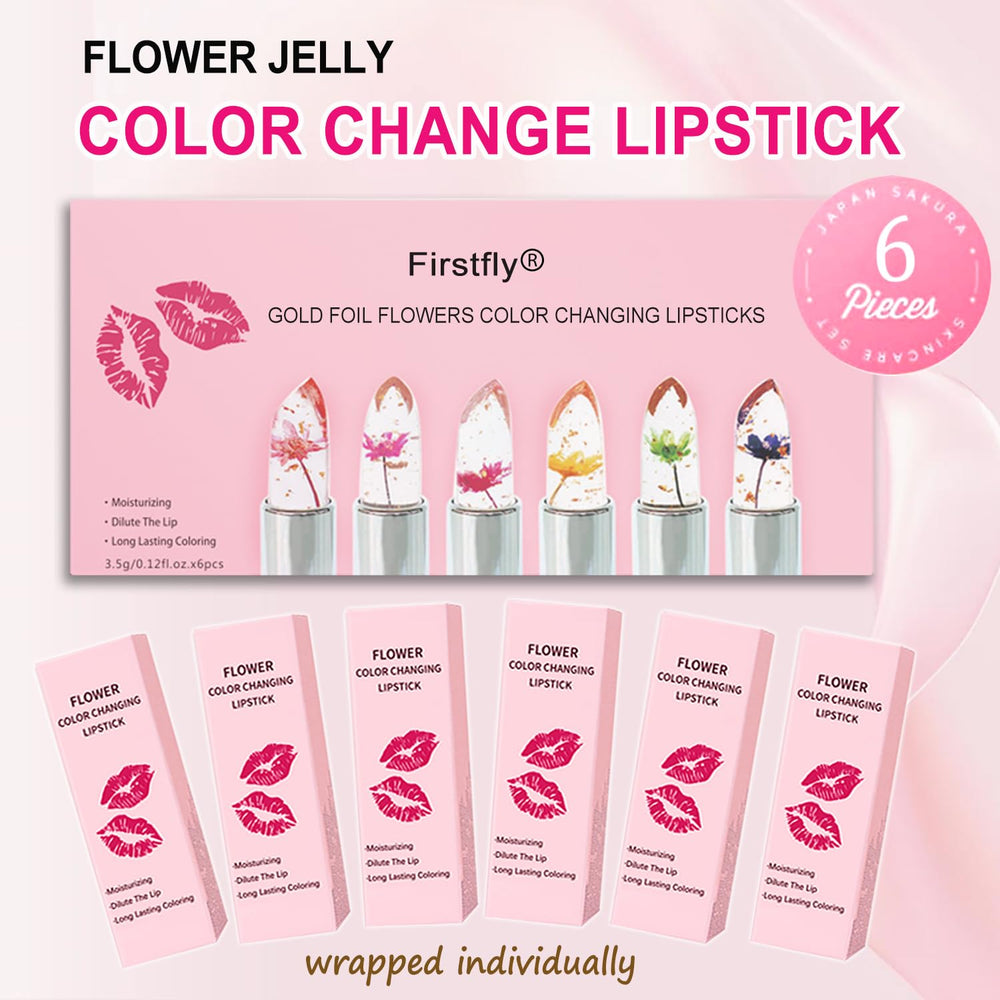 Firstfly jelly lipstick swatches on lips show temperature-responsive tint shifts.
