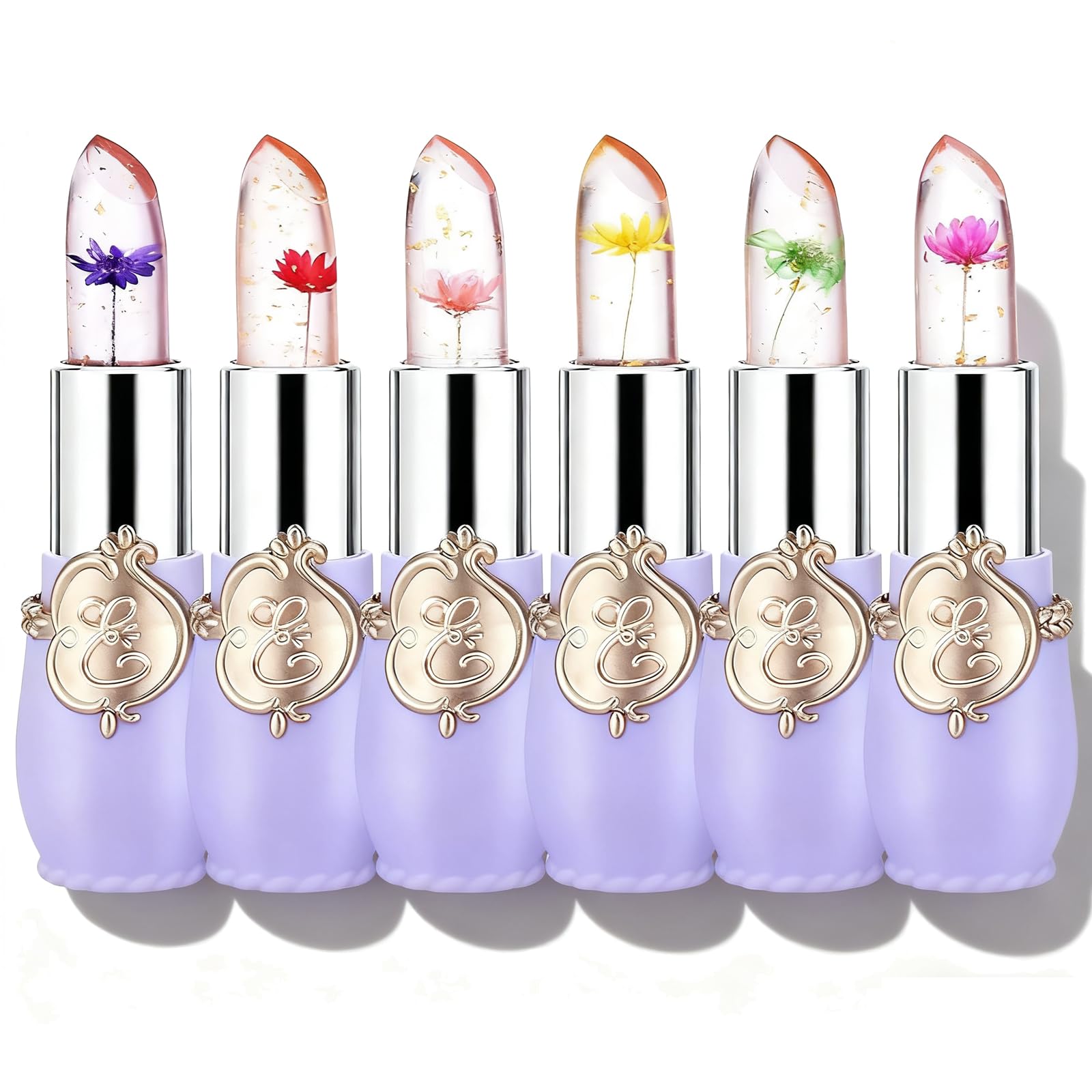 Firstfly Flower Jelly Lipstick Set showing six color-changing jars for hydration.