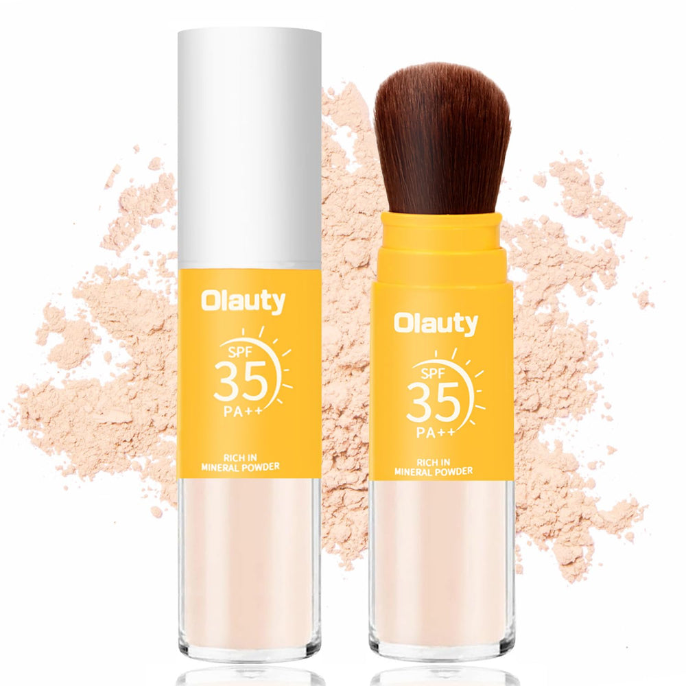 Firstfly Mineral Sunscreen Setting Powder with brush provides SPF 35 and a smooth matte finish.