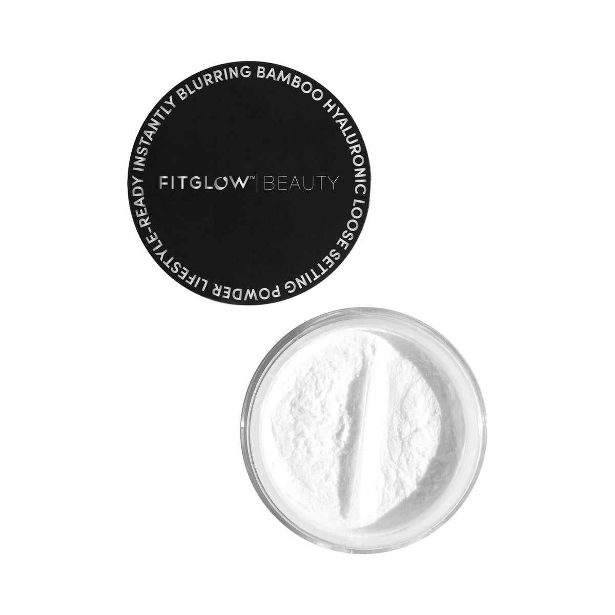 Fitglow Bamboo Hyaluronic Loose Setting Powder jar showing weightless translucent finish for shine control