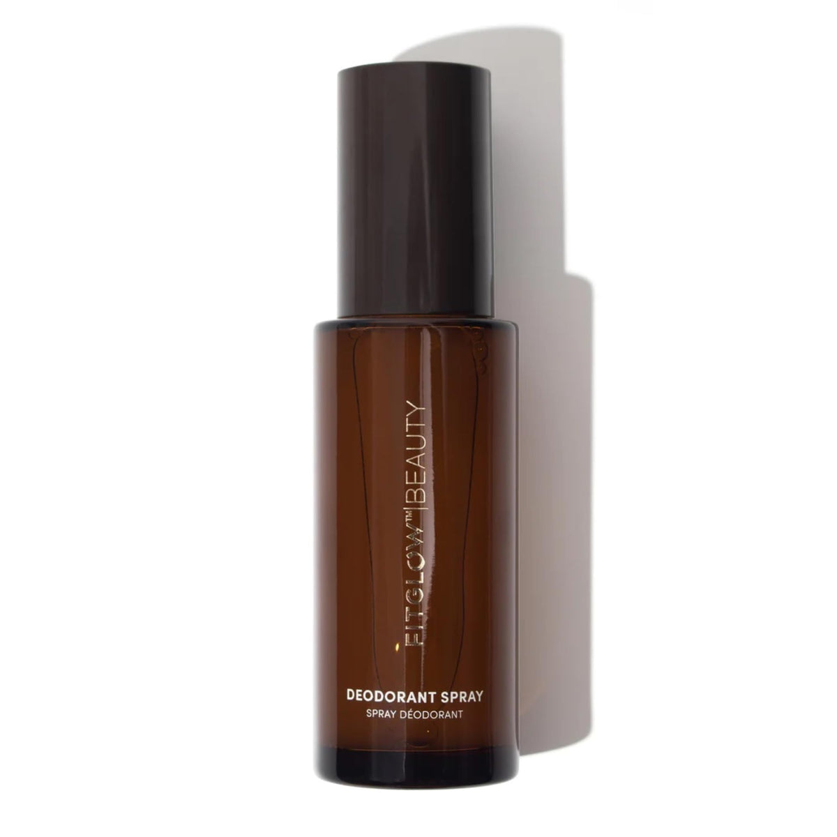 FITGLOW Beauty Deodorant Spray bottle close-up showing aluminum-free formula for sensitive skin.