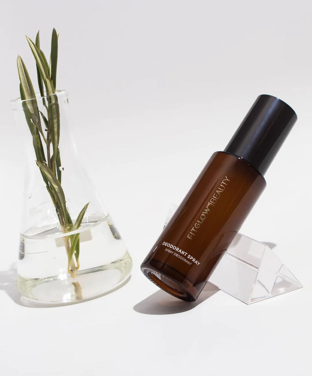 FITGLOW Deodorant spray packaging shows vegan, non-aerosol branding for clean beauty.