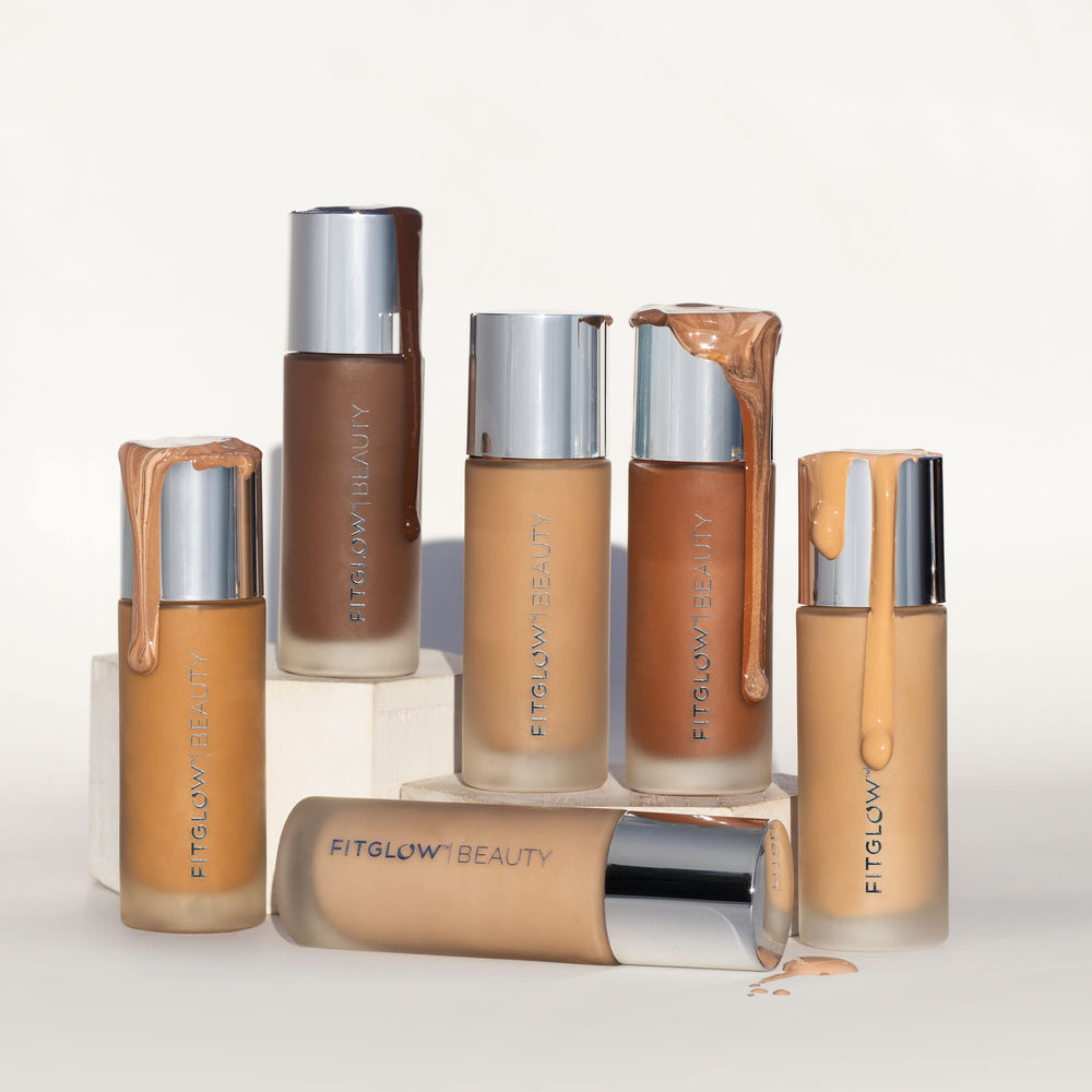 Fitglow Beauty Foundation+ pump and bottle conveying long-lasting natural radiance