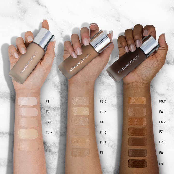 Fitglow Beauty Foundation+ application on hand highlighting hydrating formula