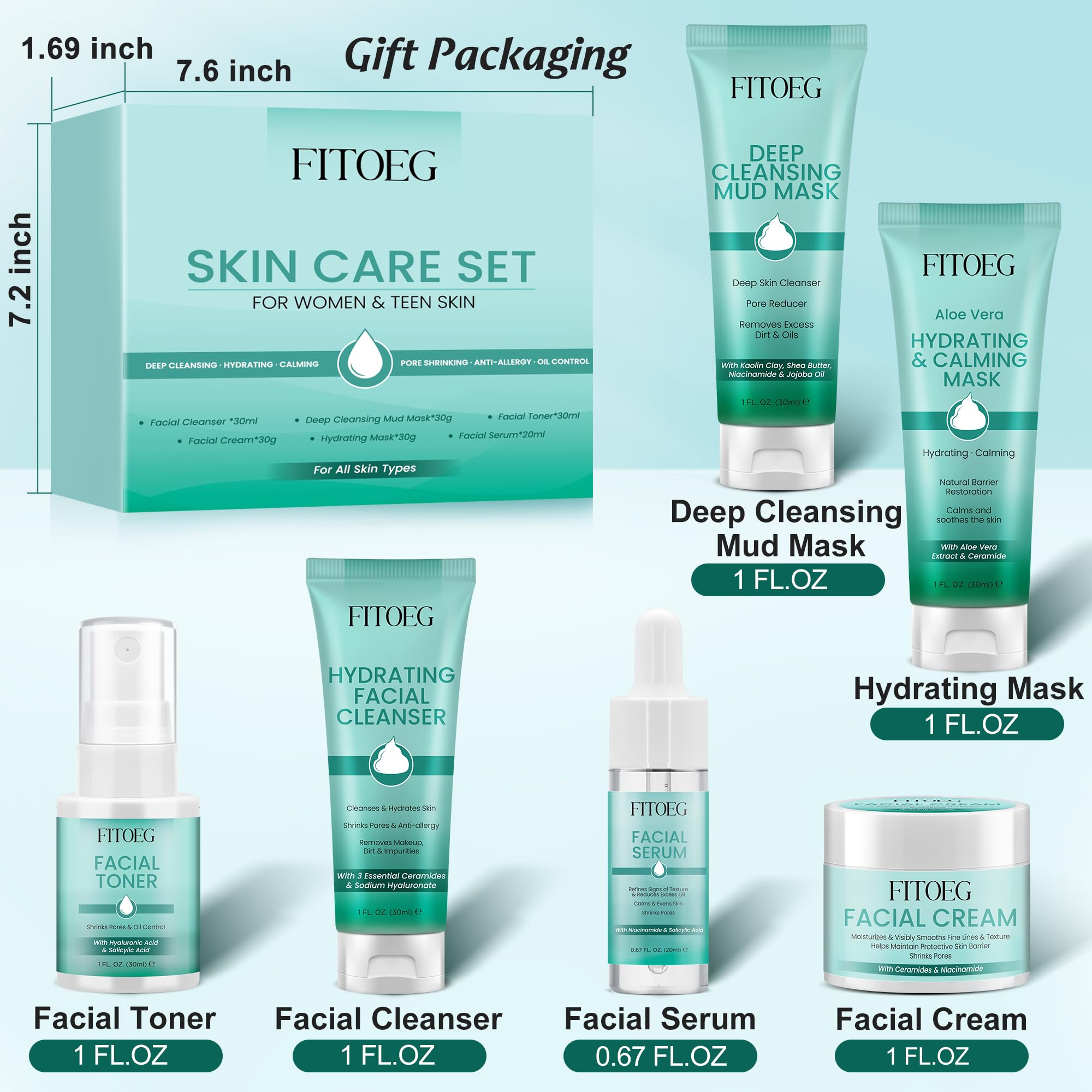 FITOEG Travel-size Skincare Set ideal for trips or gym bags.