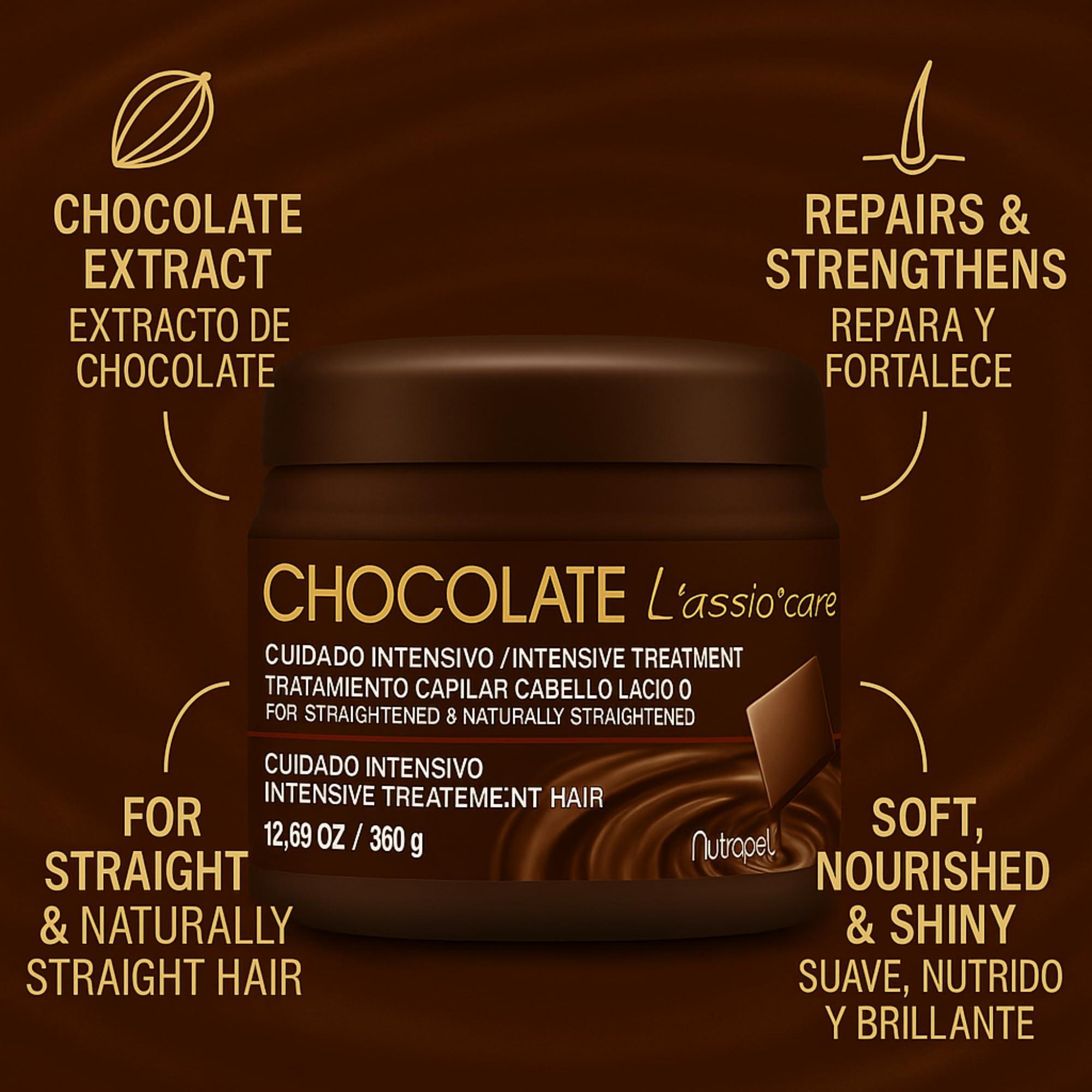 Hair aftercare results with Nutrapel L’assio Care showing sleek, frizz-free shine.
