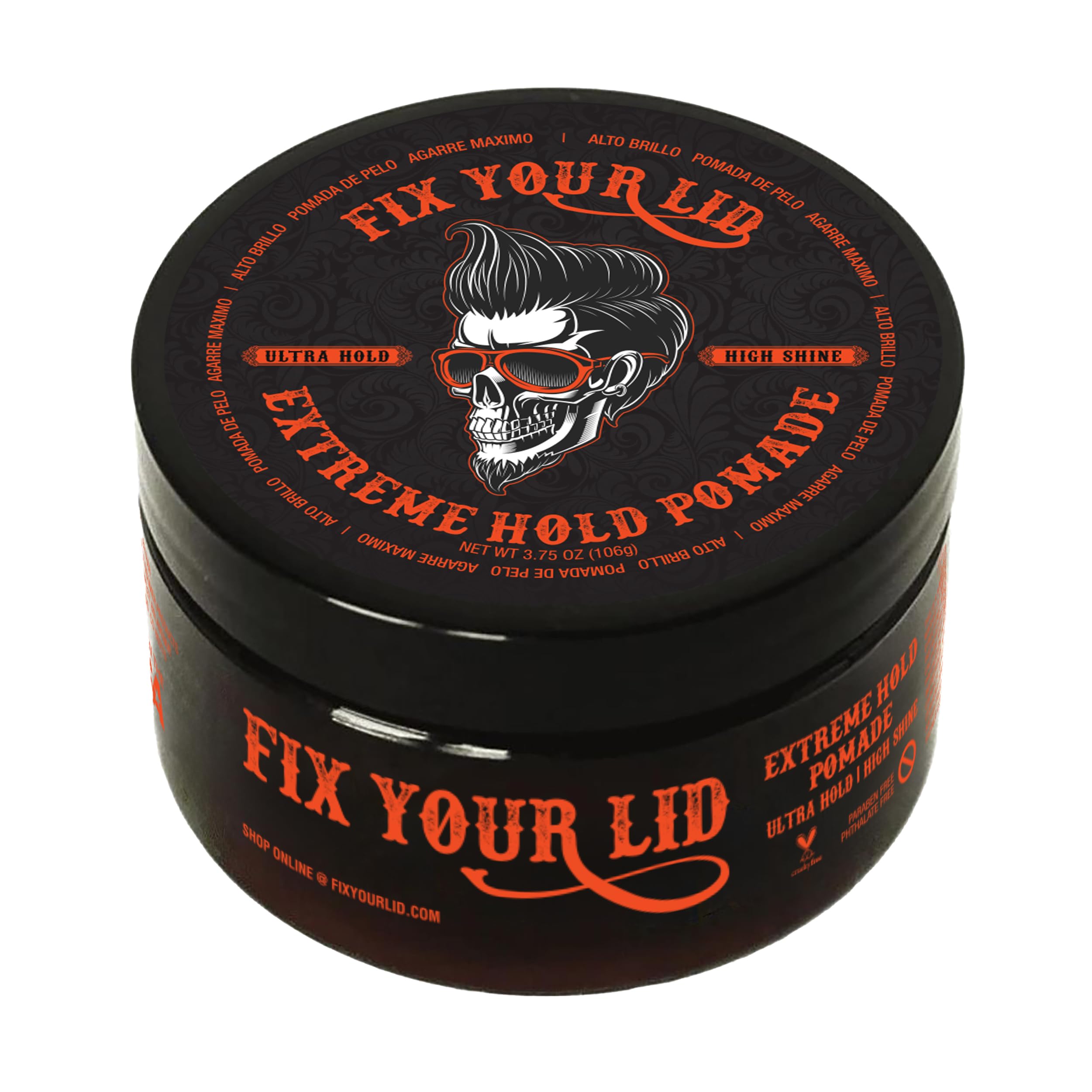 Fix Your Lid Extreme Hold pomade bottle shows powerful hold and easy rinse