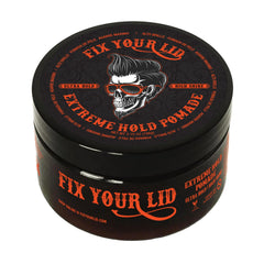 Fix Your Lid Extreme Hold pomade bottle shows powerful hold and easy rinse