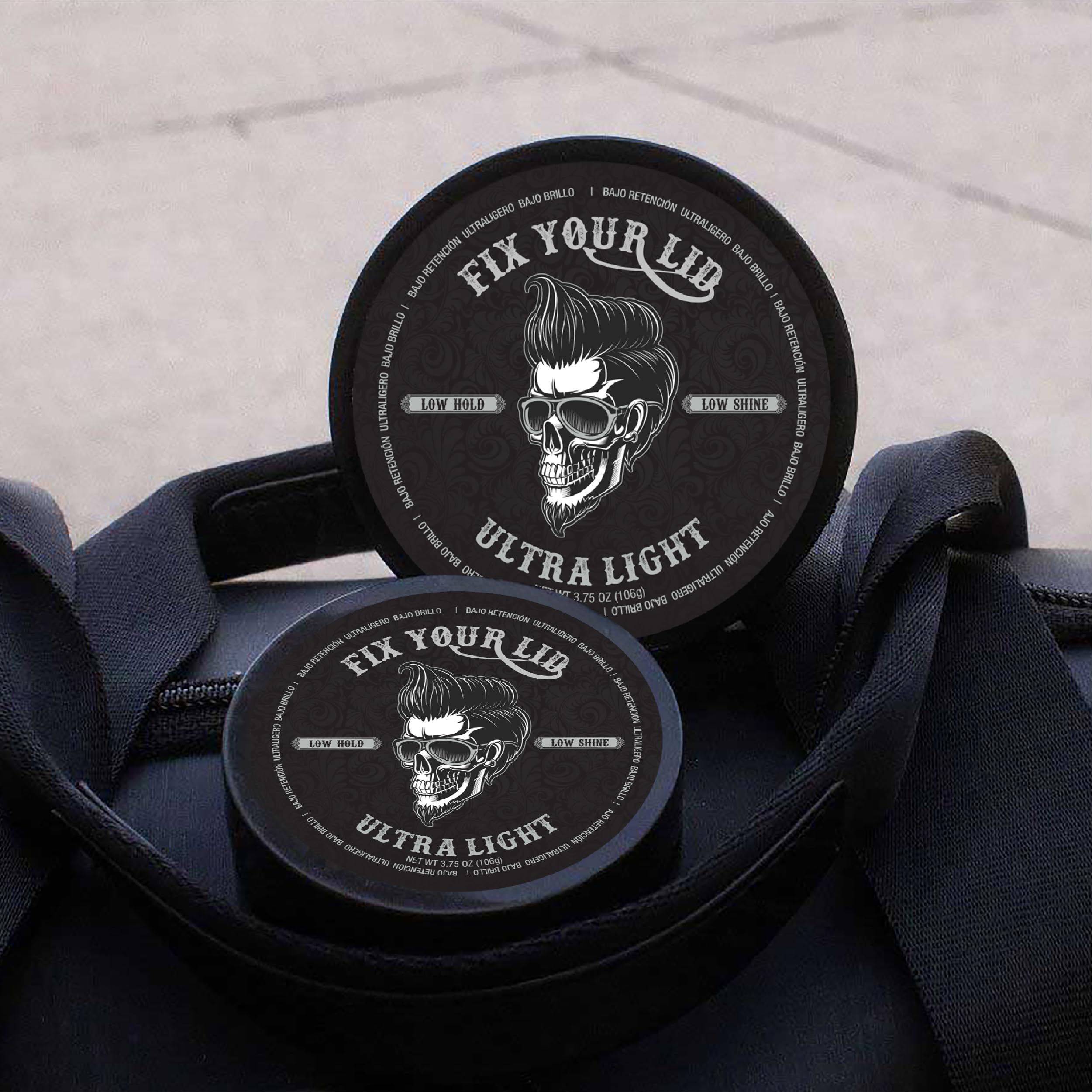 Fix Your Lid Ultra Light Pomade travel-size bottle ready for on-the-go styling