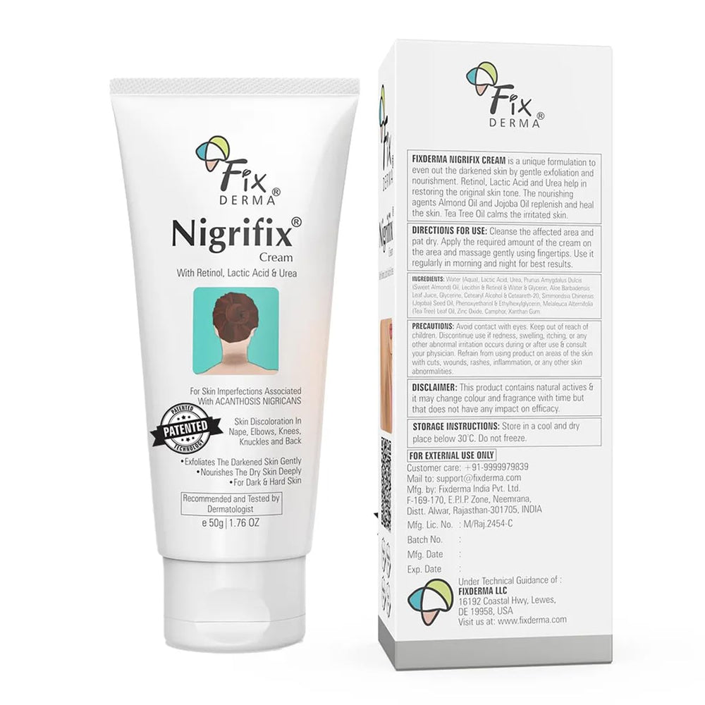 FIXDERMA Nigrifix cream shown on neck and armpit areas for targeted use