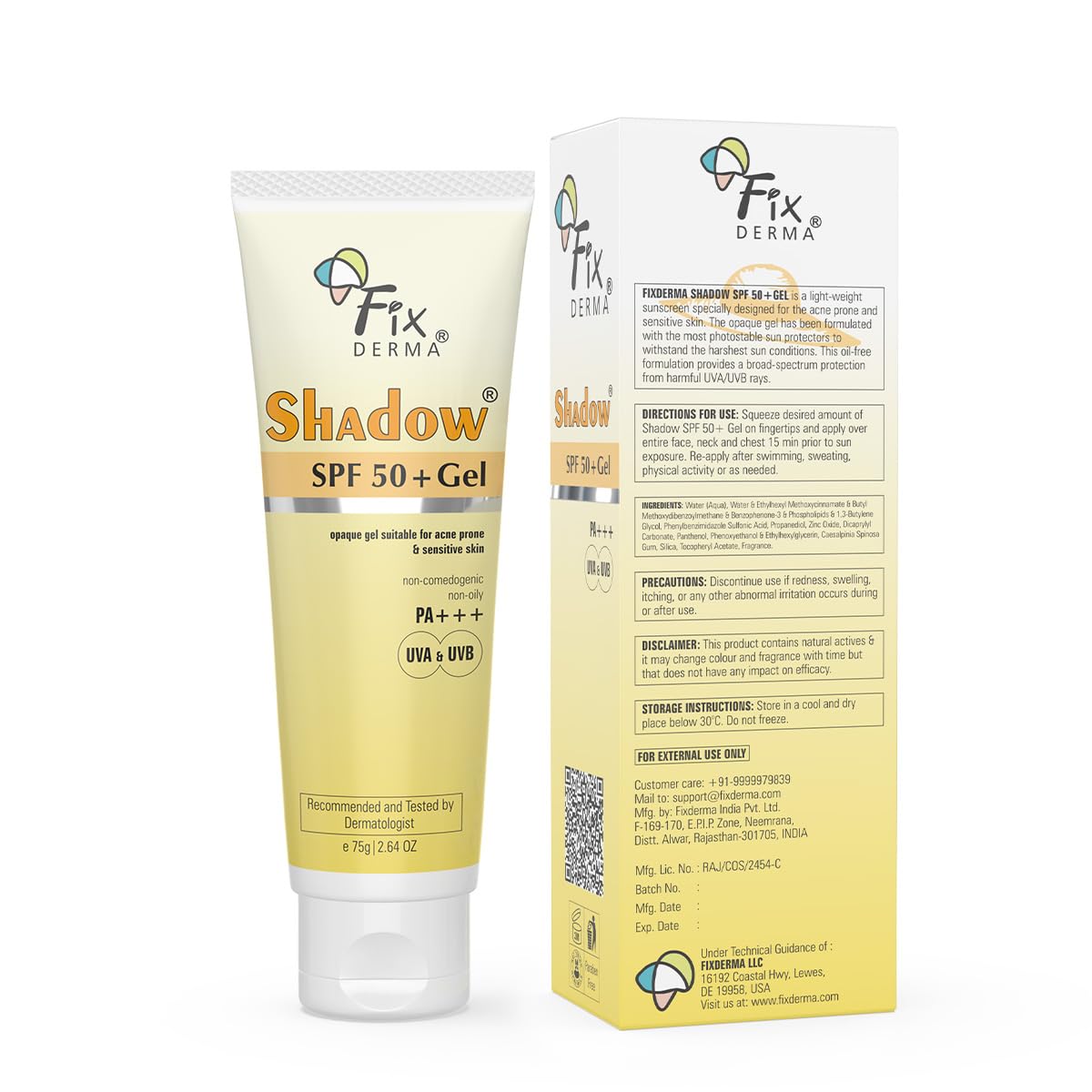 Fixderma Shadow SPF 50+ Gel packaging shown for daily sun care