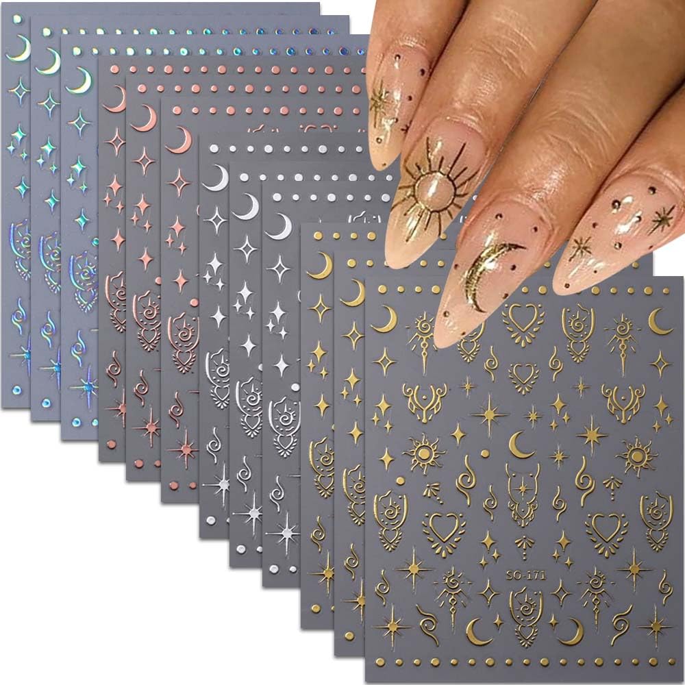FJSMTOPl 12-sheets metallic nail stickers set for versatile nail art options