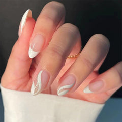 FJSMTOPL French tip almond nails with glossy white swirl for at home manicure