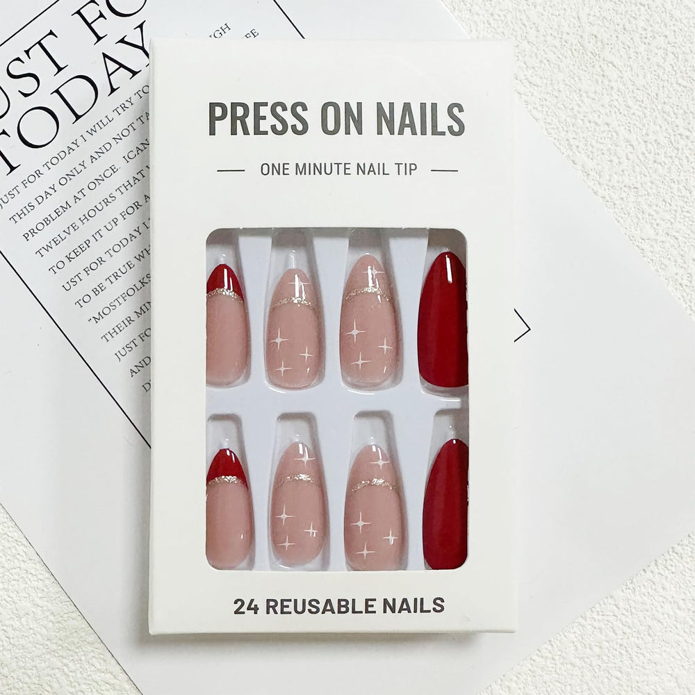 FJSMTOPl glossy French-tip press-ons offering a classy night-out look.