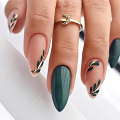 FJSMTOPl green almond press-on nails with leaf gold line design for quick at-home manicure
