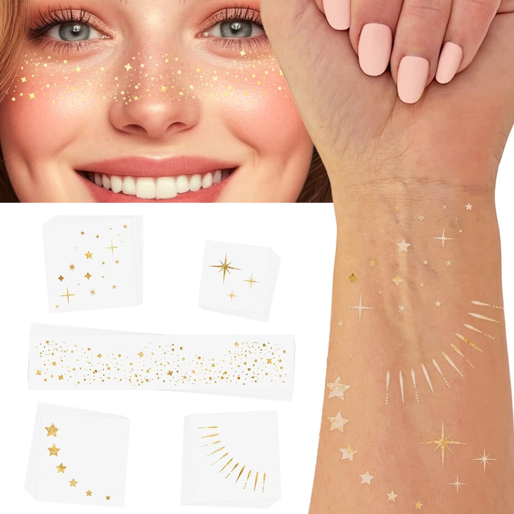 Flash Tattoos gold metallic foil closeup, long-lasting shimmer for party looks.