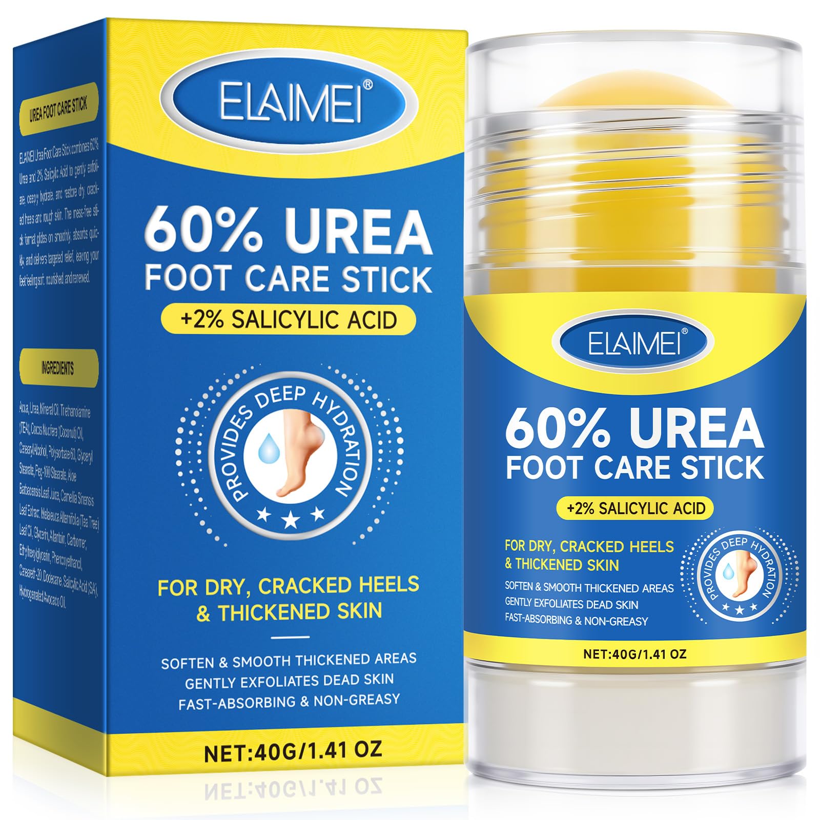 Flasture 60% Urea Cream Stick applied to heel for deep moisture.