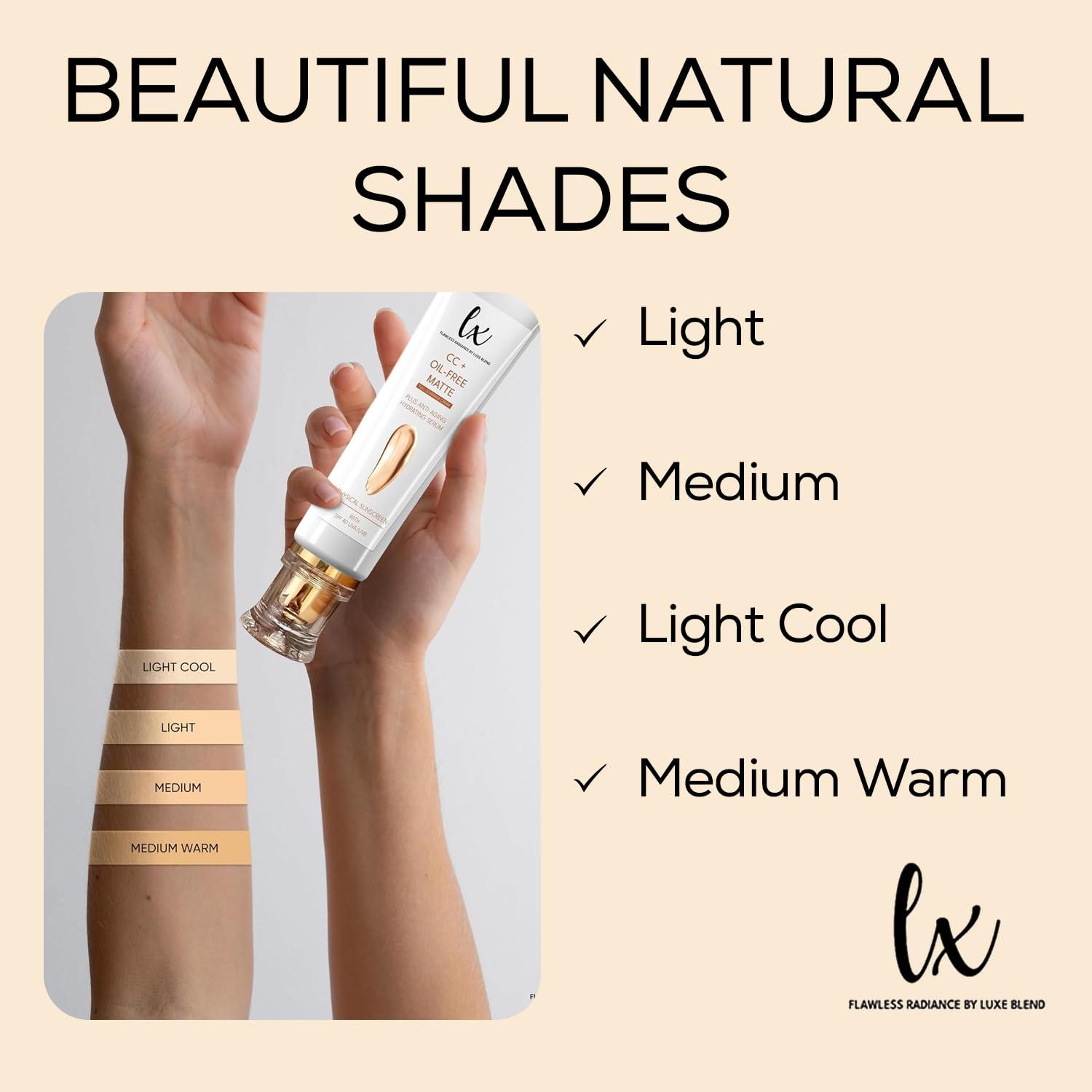 Close-up of Luxe Blend CC+ Cream texture demonstrates creamy, fragrance-free formula for sensitive skin.